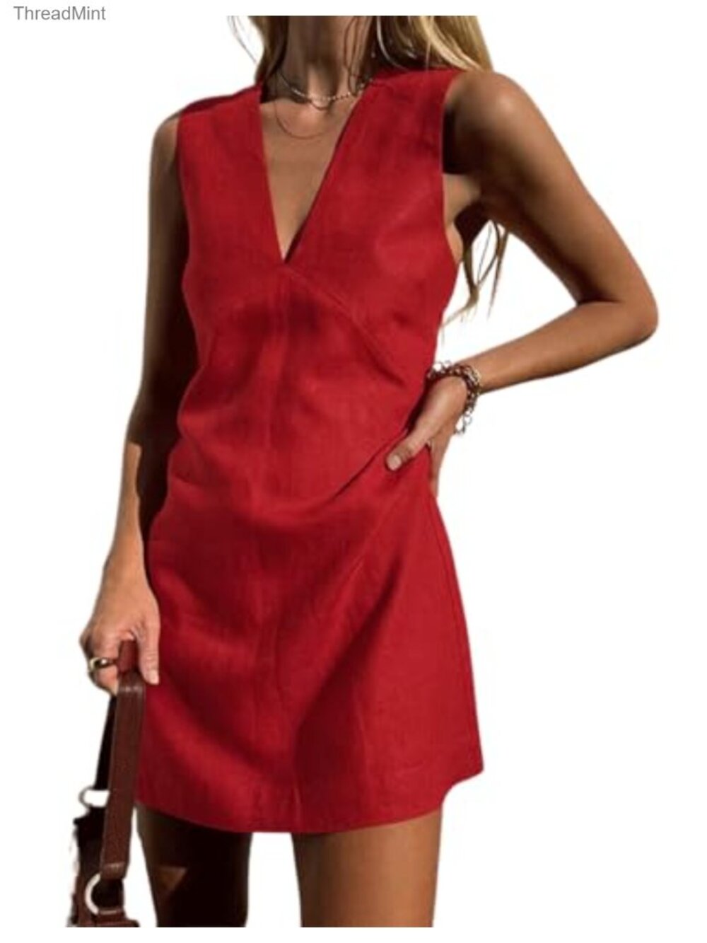 Cotton Linen Sleeveless V Neck A Line Mini Dress Casual Summer Tank Dress